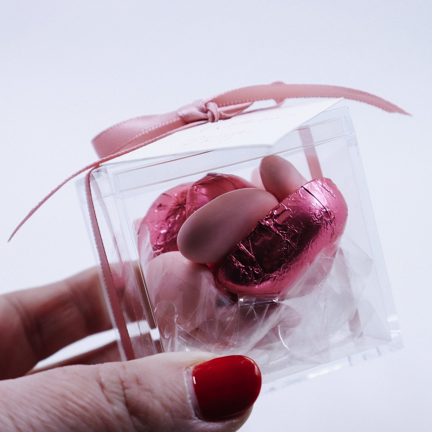 Chocolate Heart & Sugared Almond Bonbonniere Favour in Acrylic Box