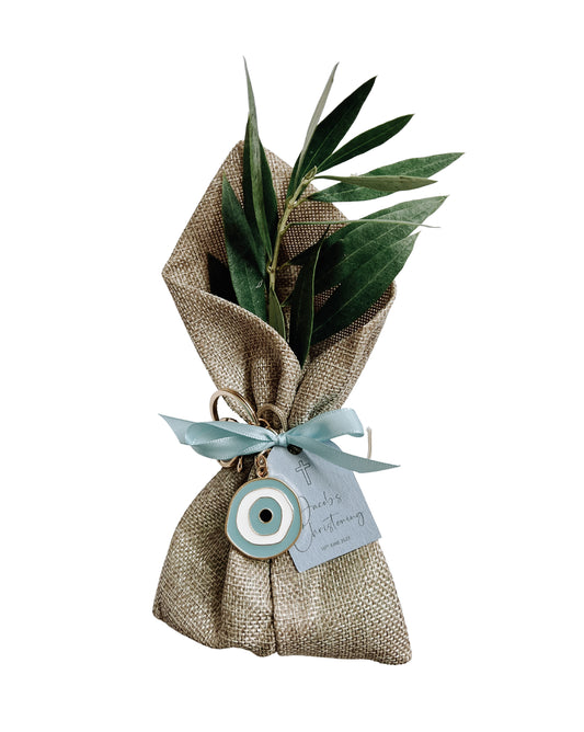 Evil Eye Keyring and Chocolate filled Bonbonniere Favour in Deluxe Hessian Bag