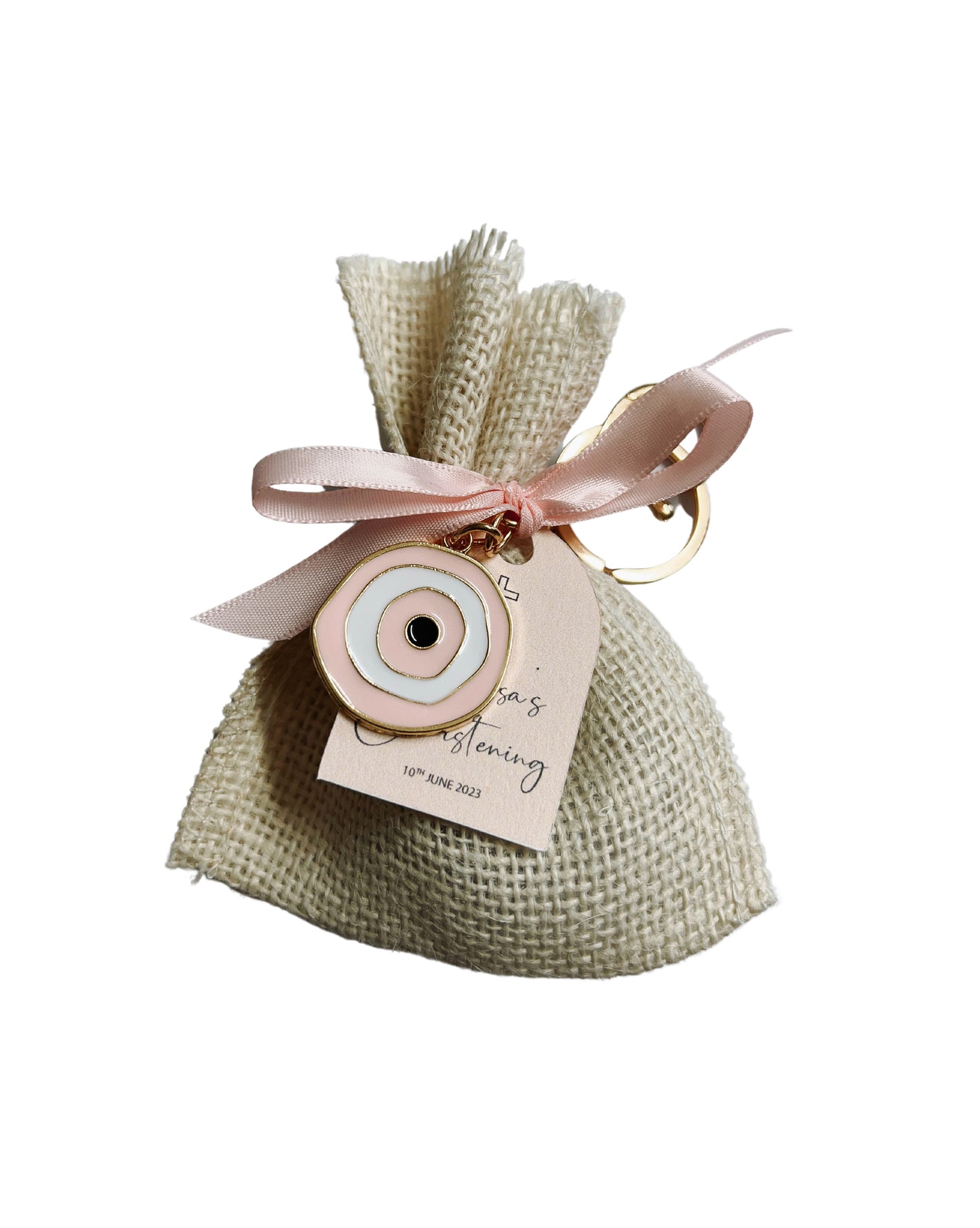 Evil Eye Keyring and Chocolate filled Bonbonniere Favour in Hessian Bag