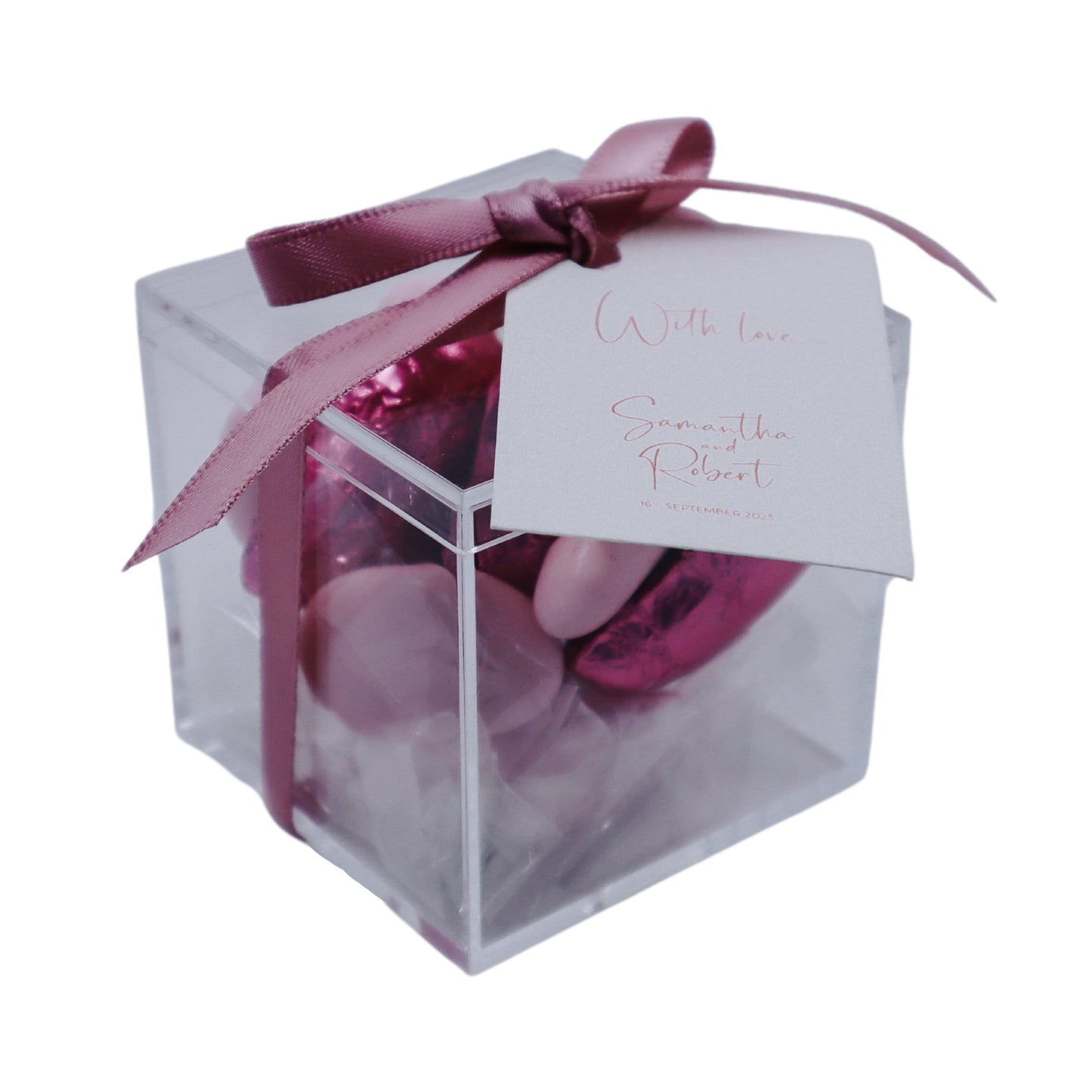 Chocolate Heart & Sugared Almond Bonbonniere Favour in Acrylic Box