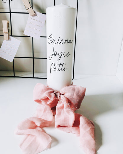 Pearl Cross Christening Baptism Candle with Raw Silk Bow