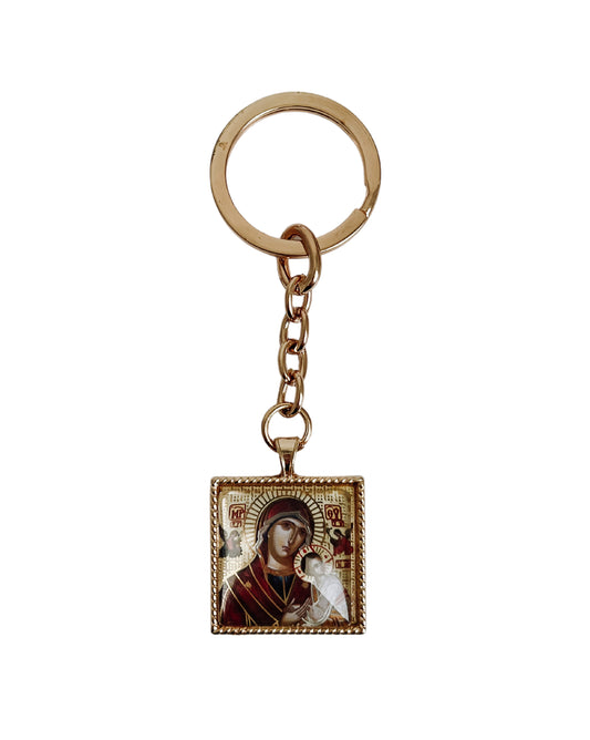 Jesus and Mary Orthodox Icon Keyring in Gold